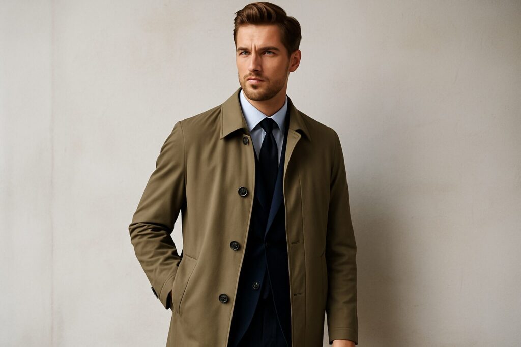 スーツと合わせやすいカーキコートの着こなし