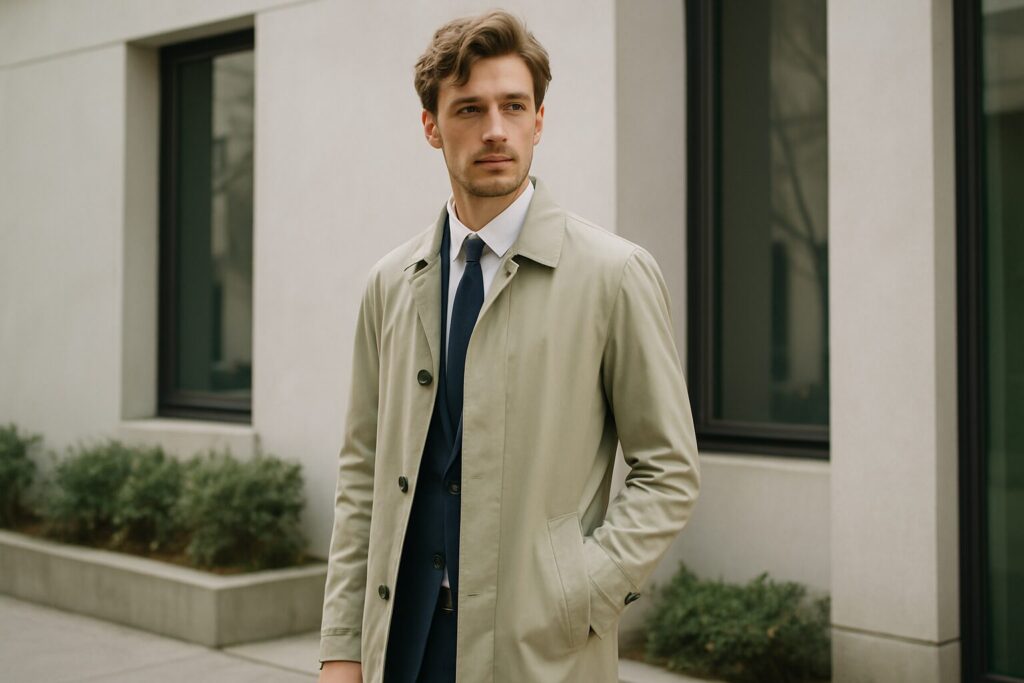 春先に使えるライトカーキのビジネスコート