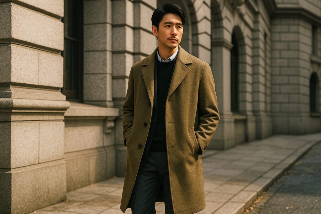秋冬に映えるカーキビジネスコートのコーデ