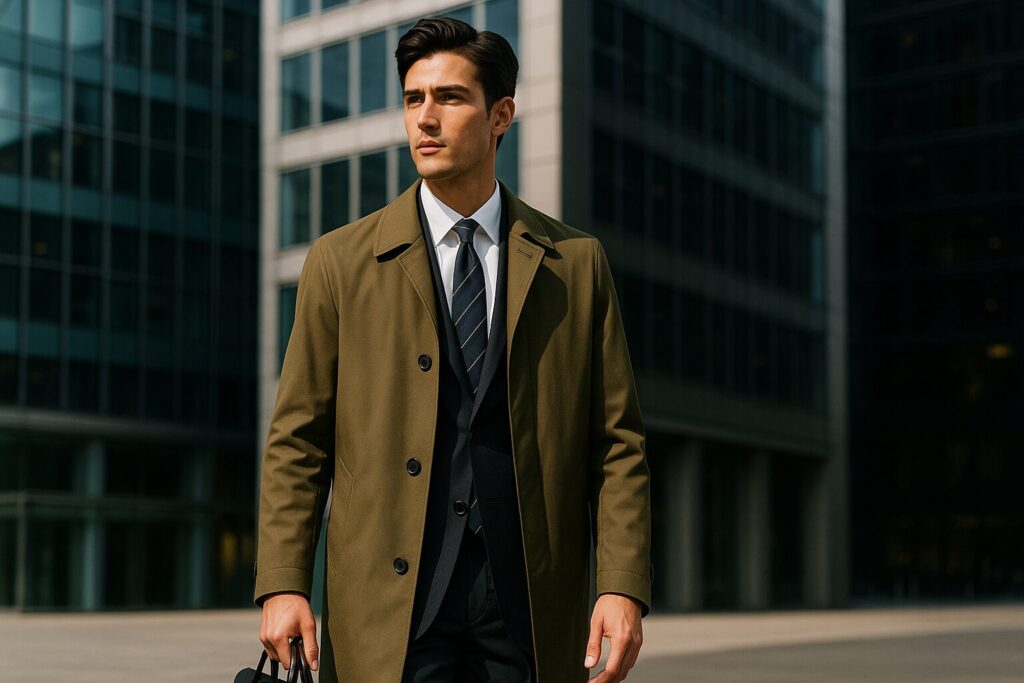 通勤に最適なカーキのビジネスコート（メンズ）