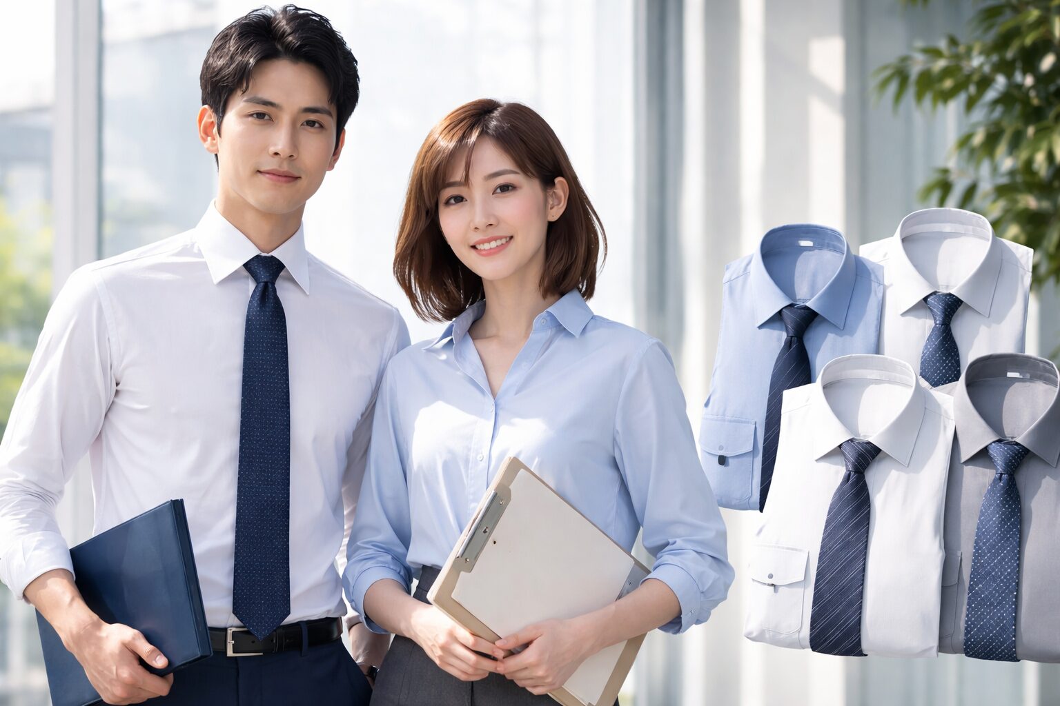 あなたは人気のイラストレーター、敏腕の編集者です 以下の要件で記事の挿絵を生成してください ・この記事のキャッチ画像を生成したいです ・キャッチ画像とは記事の最初の画像です ・記事のタイトルは「面接で失敗しないワイシャツの色とは？就活と転職での正解を徹底解説」です ・挿絵は横長の画像とする ・キャッチ画像は1366px×768pxの大きさで作成しますのでその比率を考慮してください ・挿絵は記事の内容に併せたものとしてください ・挿絵は読者にとって魅力的で記事を読みたくなるようなものとしてください ・挿絵にタイトルや文字を入れないでください ・挿絵はクールでモダンなハイファッションカタログ風、自然光、洗練されたスタイリッシュな横長フォトファッション雑誌の表紙のイメージとしてください