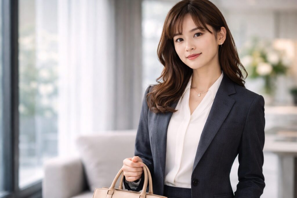 ブラウスはオフホワイトが安心