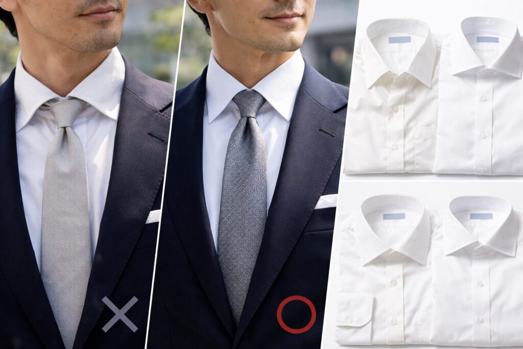 シャツは白無地で清潔感を演出