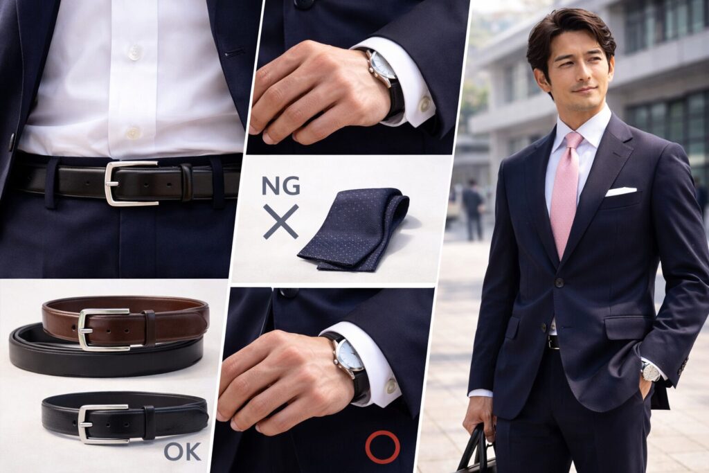 ベルトやチーフなど小物の合わせ方