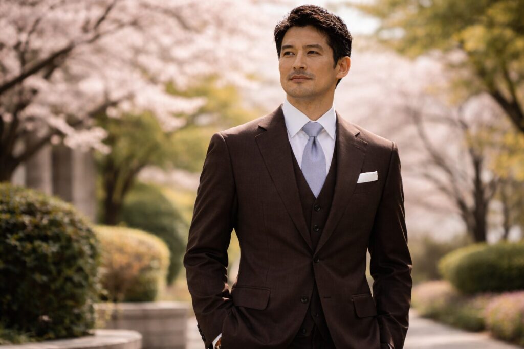 入学式で父親のスーツ茶色と季節感