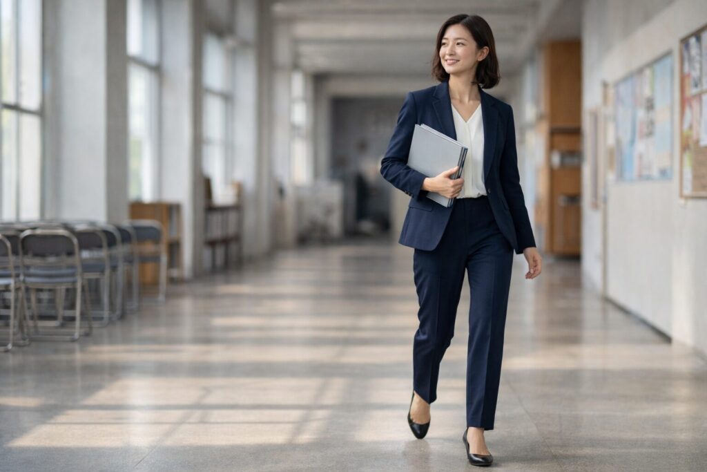 女性はパンツスーツが動きやすい