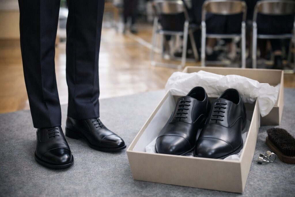 靴は黒の内羽根が基本