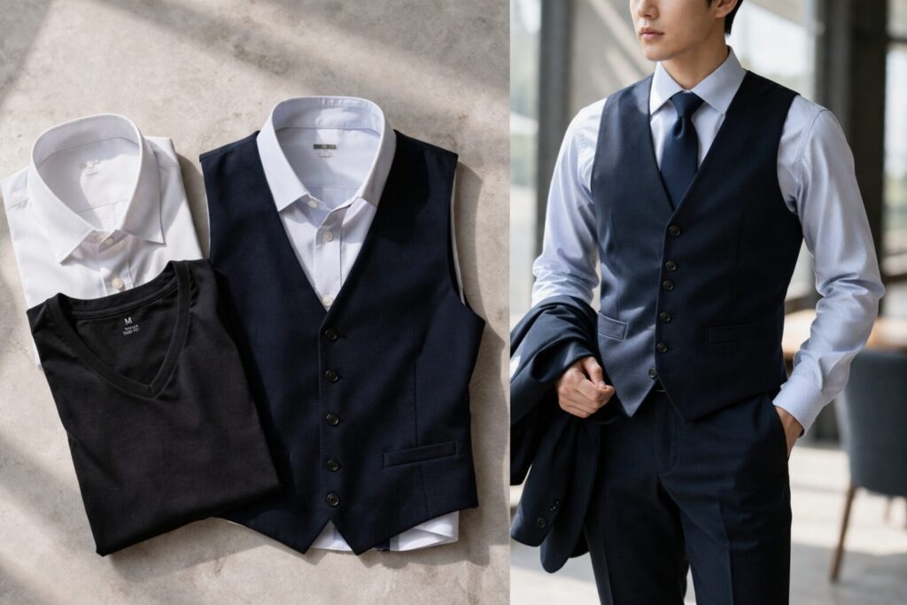 インナーとベストの重ね着
