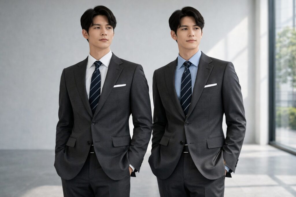 入社式スーツグレーシャツ