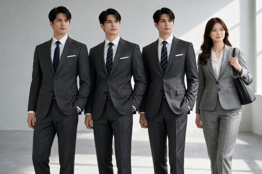 入社式スーツグレー柄注意