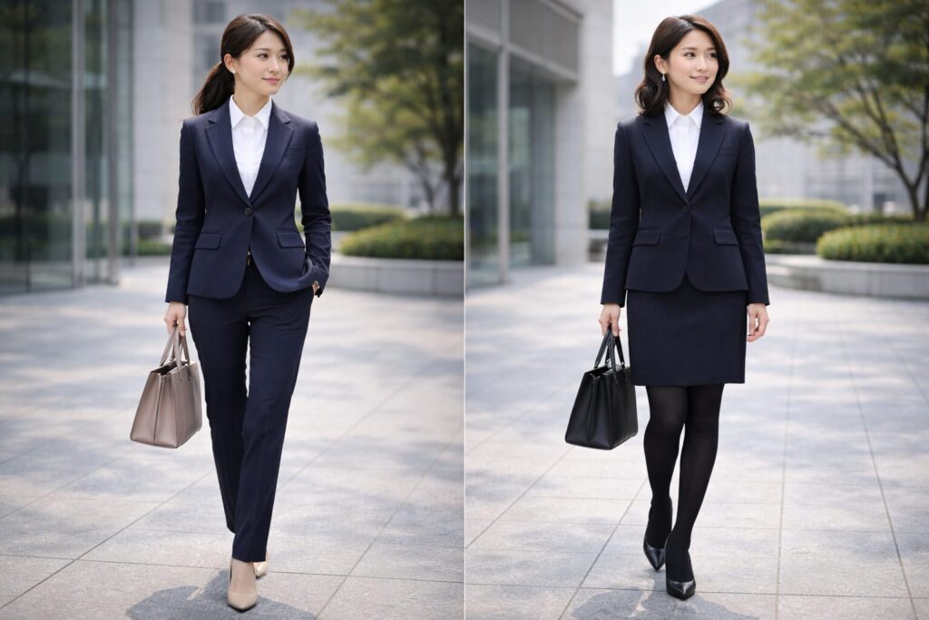 入社式スーツパンツスタイルとタイツ