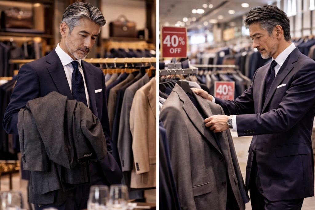 高級店と量販店でスーツを見比べている50代男性の比較イメージ