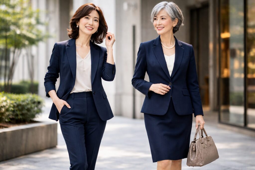 50代向け紺スーツでおしゃれ見え