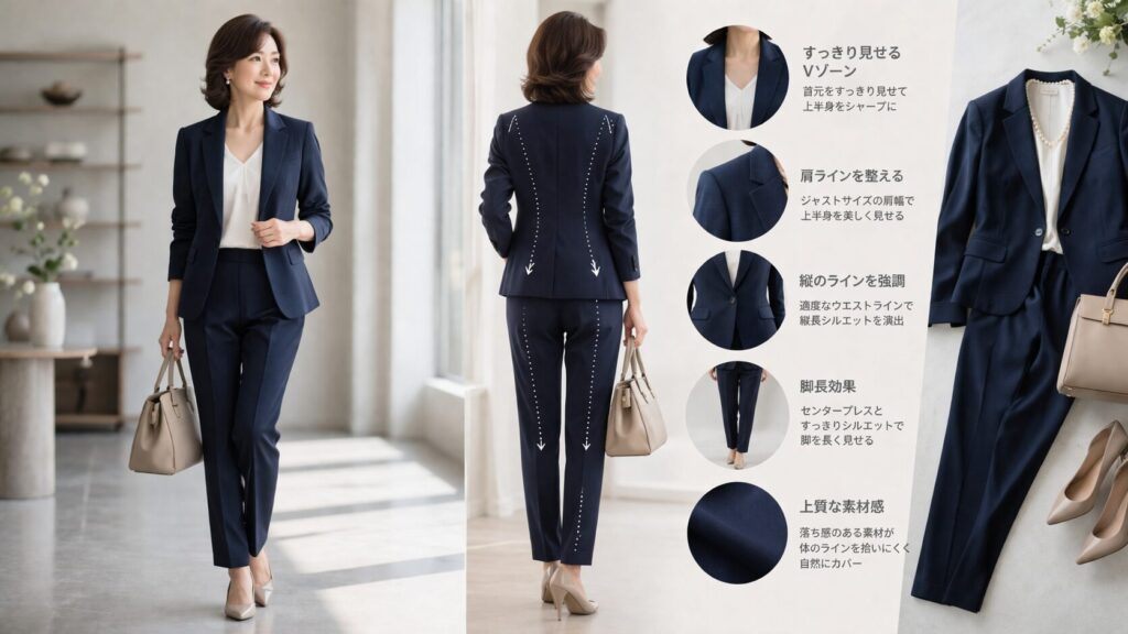 50代向け紺スーツの体型カバー術