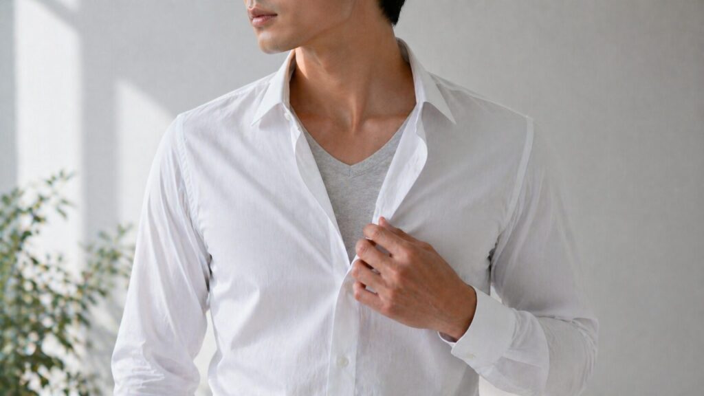 Vネックインナーで襟元が見えない例