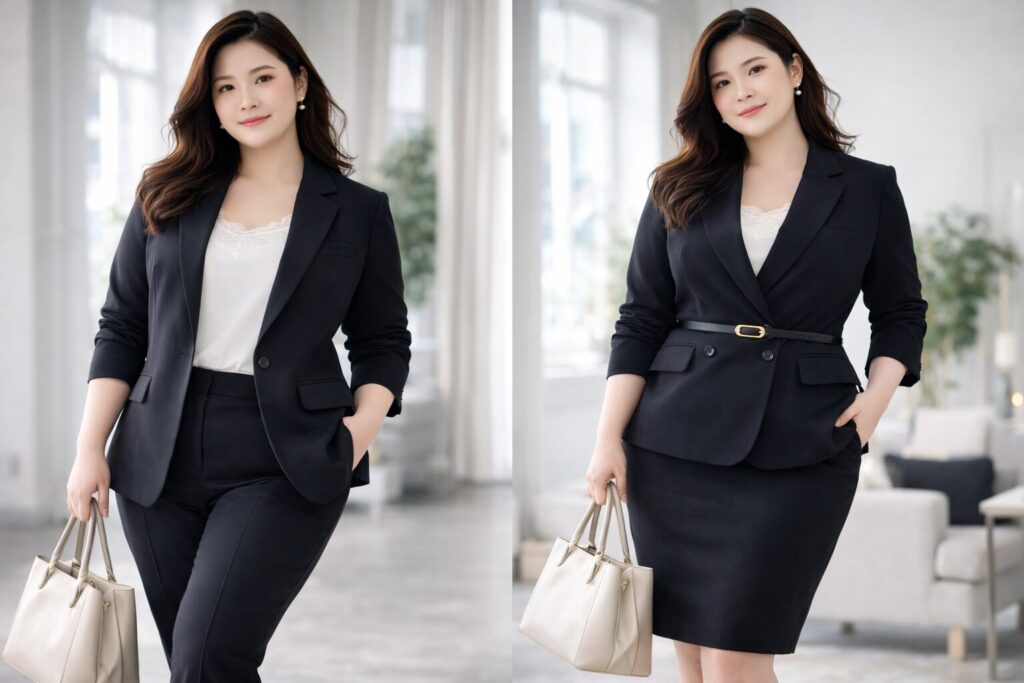 しまむらスーツレディース大きいサイズ着痩せコーデ