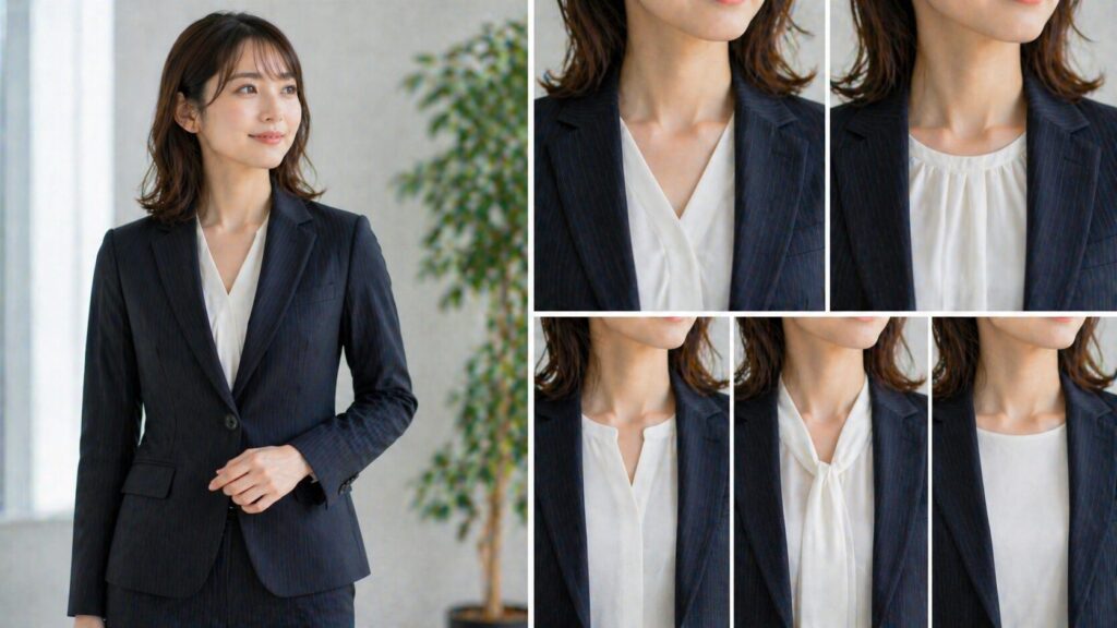 ストライプスーツに合わせる白ブラウスの種類を比較する女性