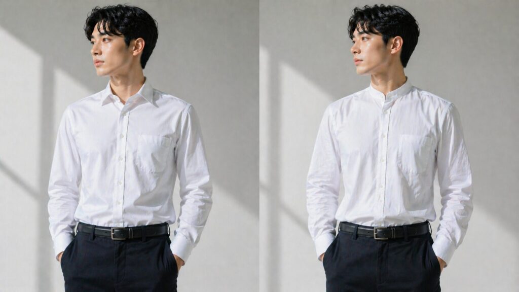 白いシャツを着た男性モデルが襟型の違いを見せる比較イメージ