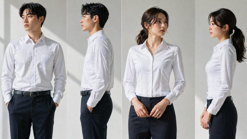 白いシャツを着た男女モデルの肩幅と身幅の違いを比較するイメージ