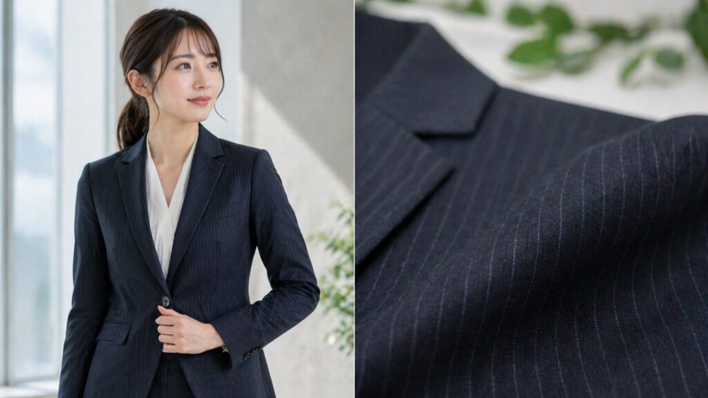 シャドーストライプスーツを着る女性と控えめな生地の柄