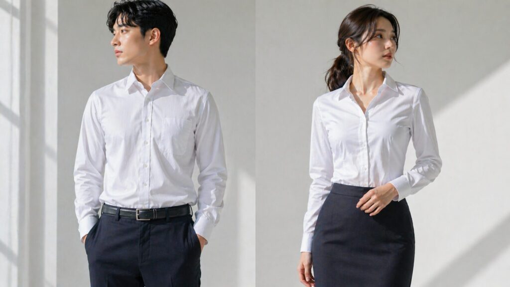 白いシャツを着た男女モデルが直線的なシルエットと曲線的なシルエットを比較するイメージ