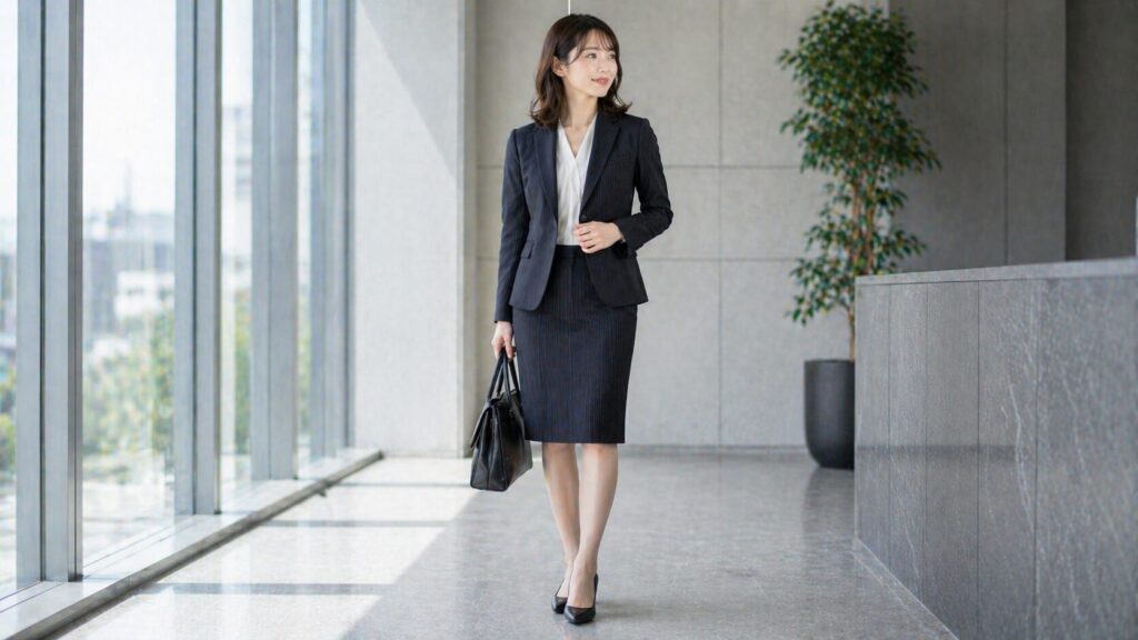 ストライプのスカートスーツで上品に立つ女性