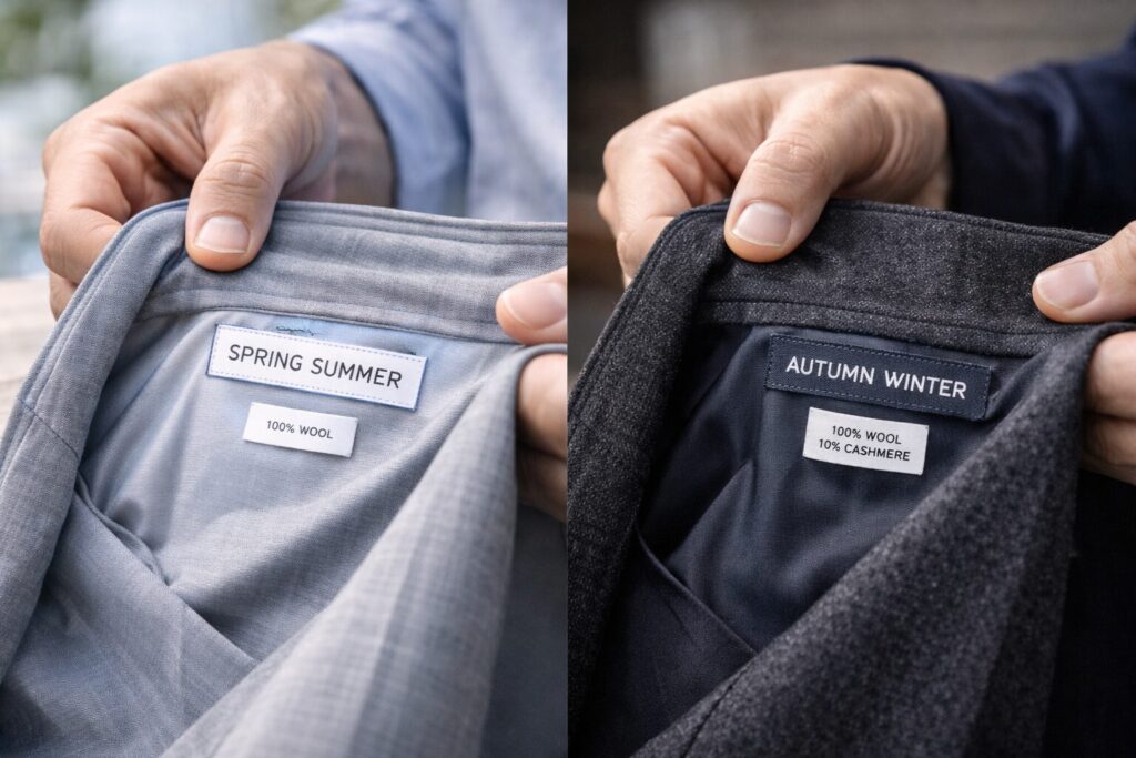 スーツの夏用と冬用の見分け方はズボンのタグで確認