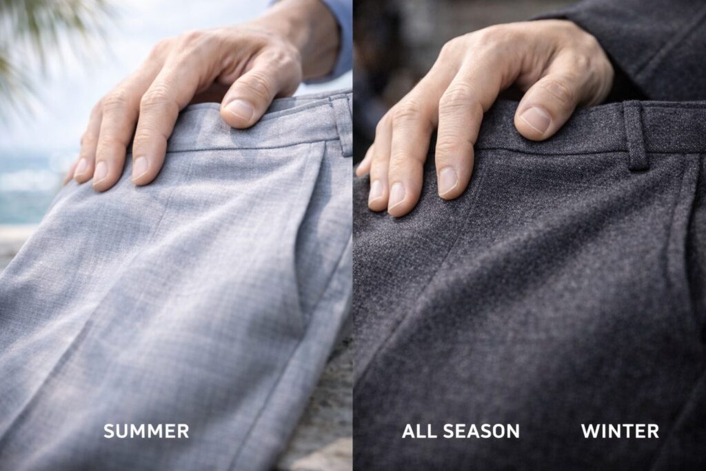 スーツの夏用と冬用の見分け方はズボンの手触りで補強