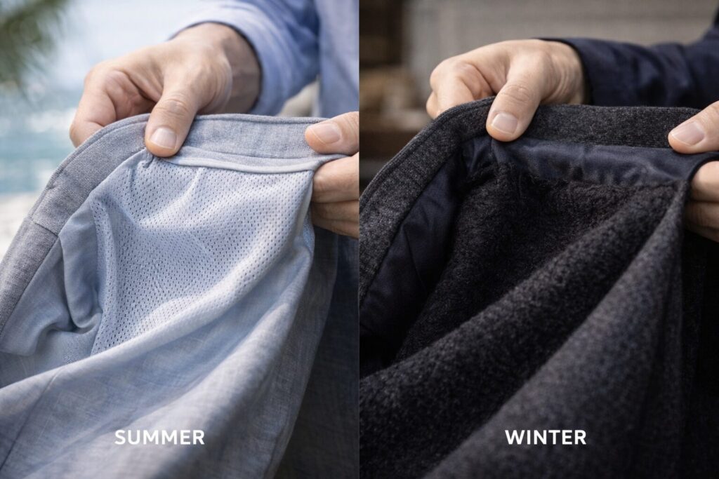 スーツの夏用と冬用の見分け方はズボンより裏地が早い