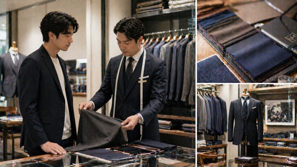 専門店で店員と相談しながら生地やスーツを比較する様子