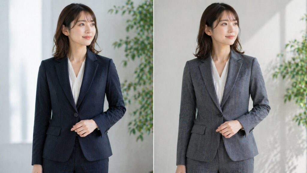 ネイビーとグレーのストライプスーツを比較する女性