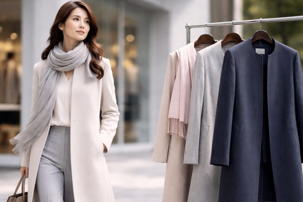 ノーカラーコートの上品さ