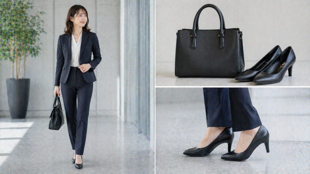 面接用の黒いバッグとパンプスを持つストライプスーツの女性