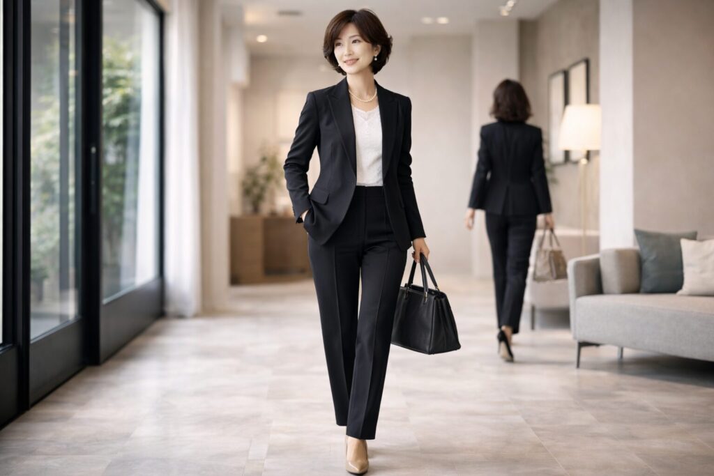 黒のパンツスーツで縦ラインを強調した50代女性の着こなし例