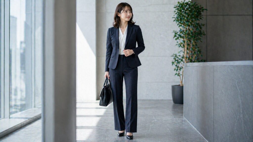 ストライプのパンツスーツでオフィスを歩く女性