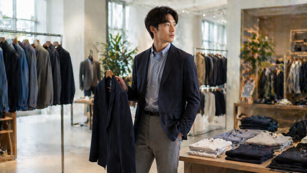 ジャケットを手に取りながらビジネスカジュアルを比較する男性モデルの様子