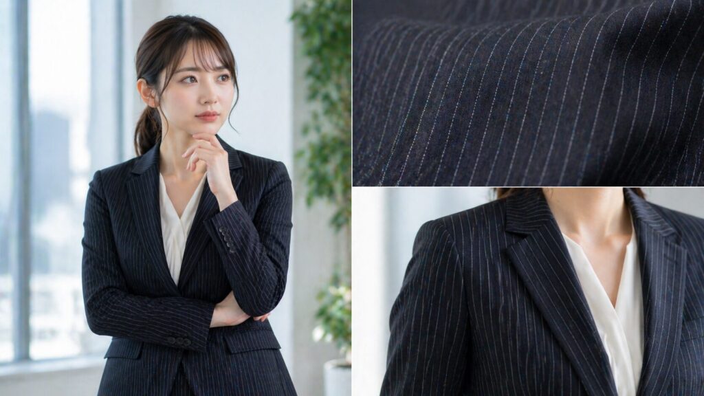 ピンストライプスーツの細い線と着こなしを確認する女性