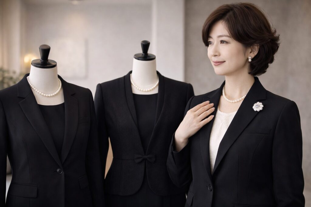 黒スーツとフォーマル小物の違いを確認する50代女性