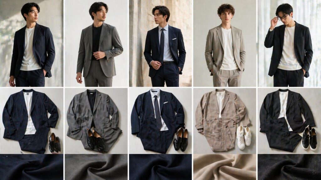 複数のセットアップや生地感を比較できるカタログ風のビジュアル