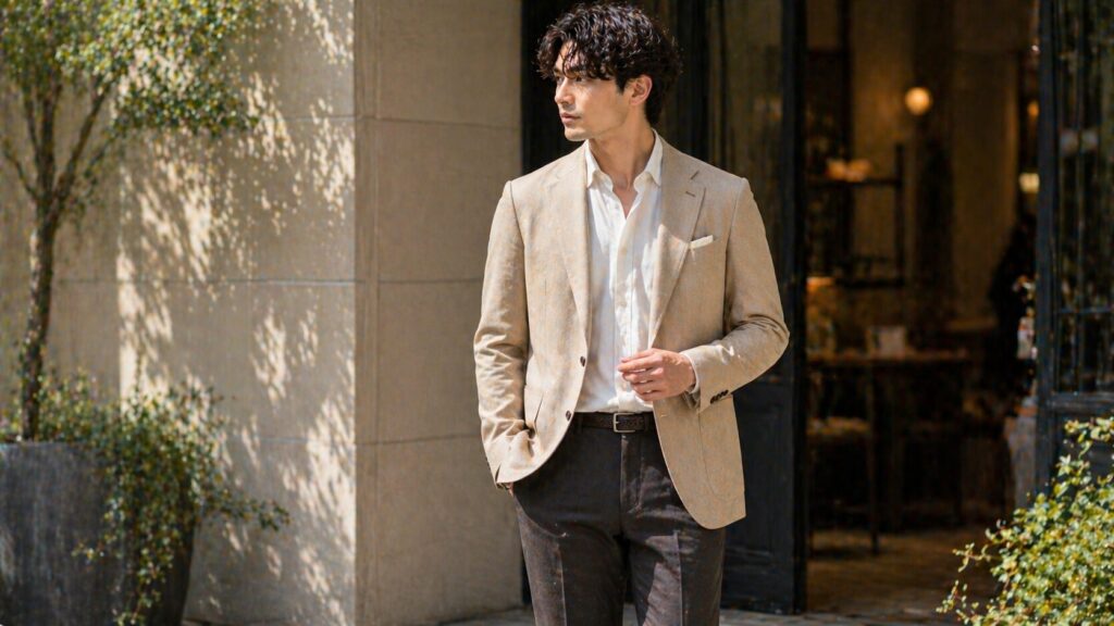 ベージュジャケットの着こなし