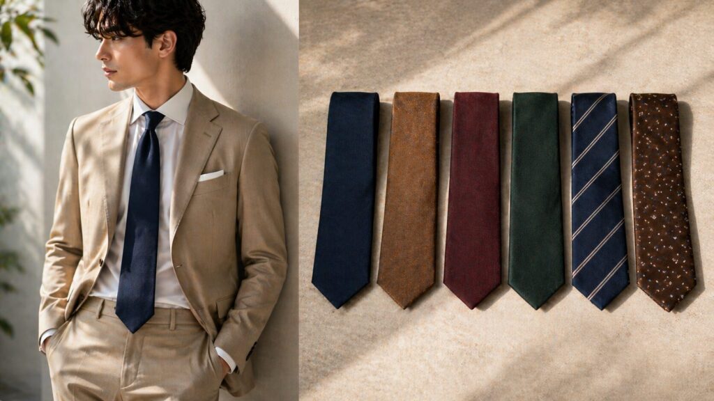 ベージュスーツに合わせるネクタイの色比較