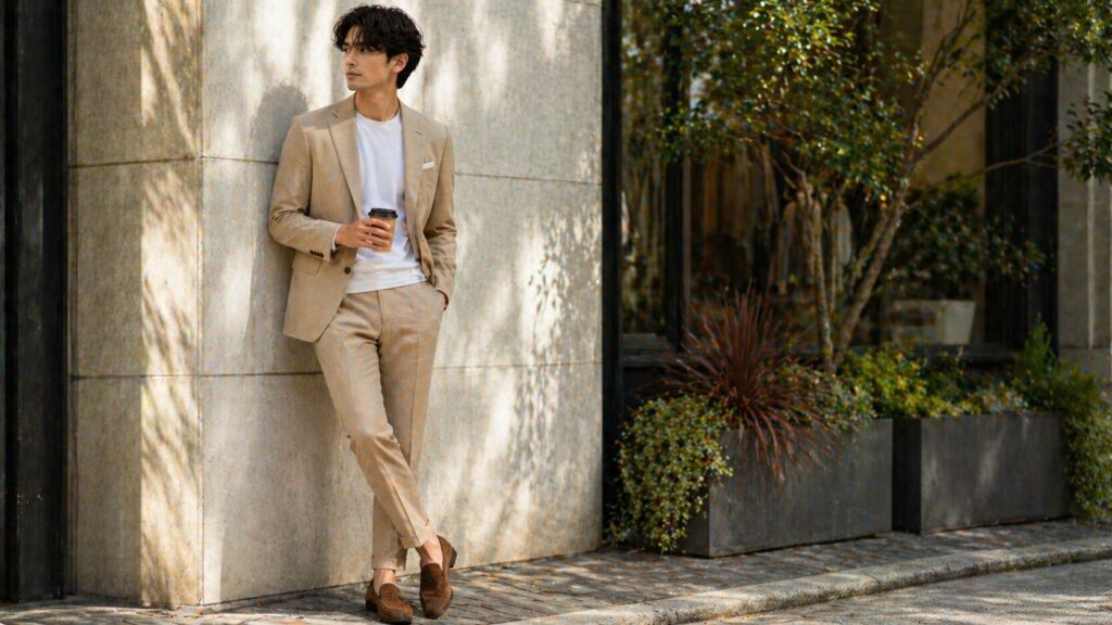 ベージュスーツのカジュアル