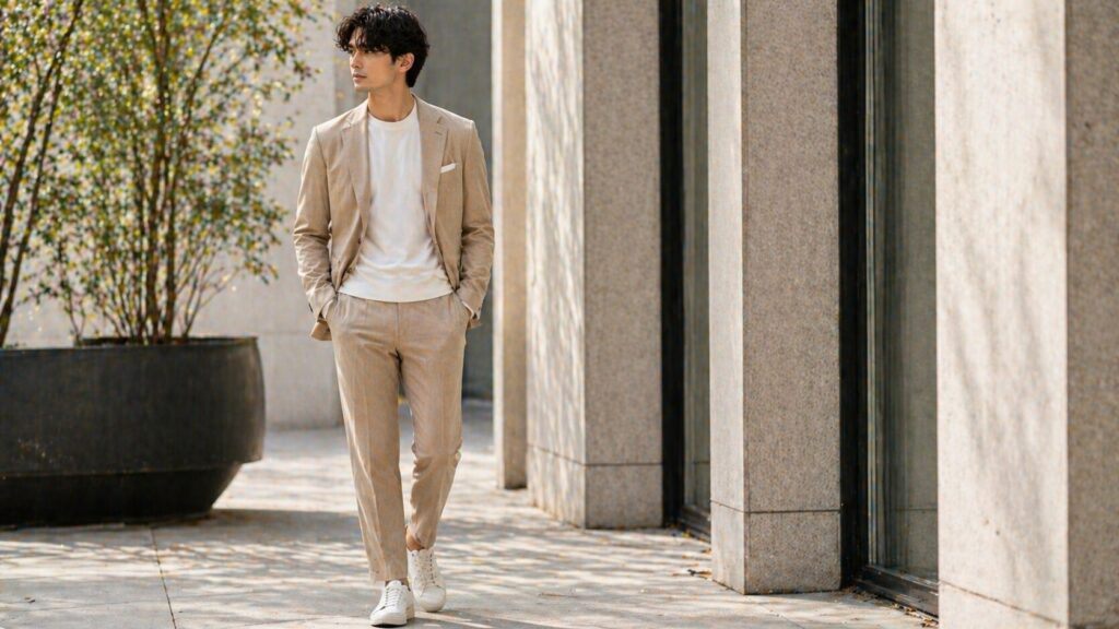 ベージュスーツのセットアップ