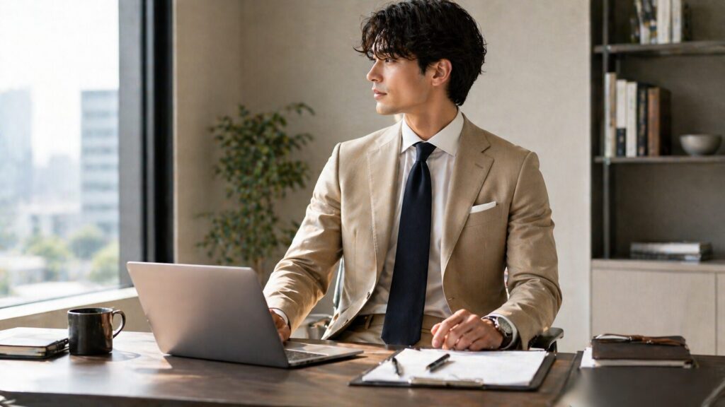 ベージュスーツのビジネス術