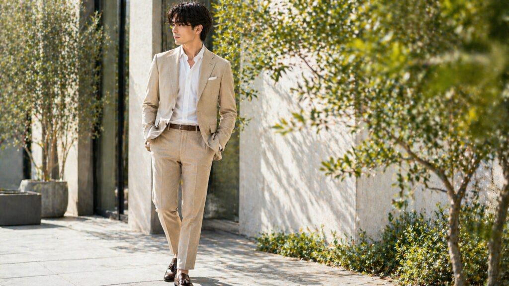 ベージュスーツの春夏コーデ