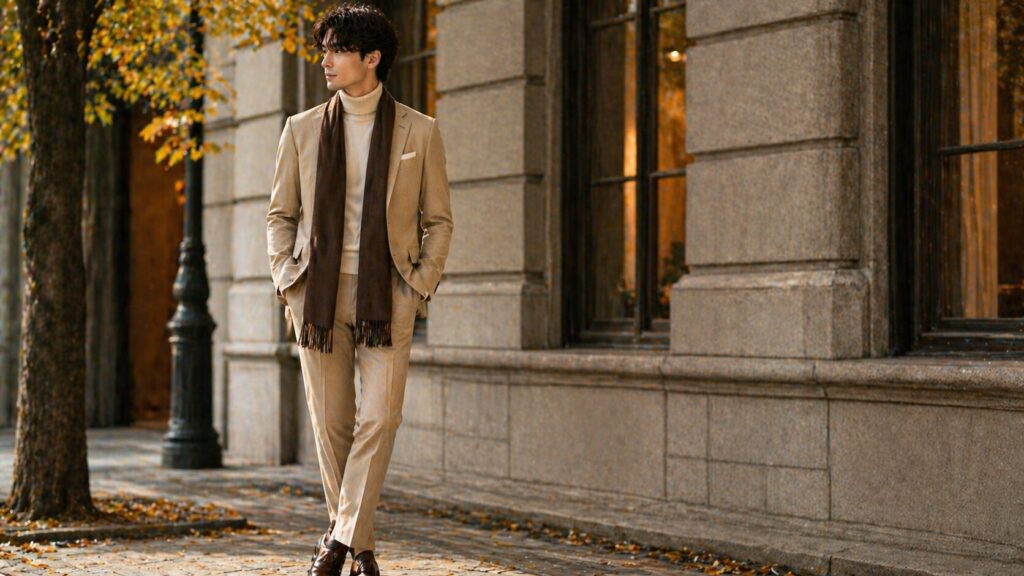 ベージュスーツの秋冬コーデ