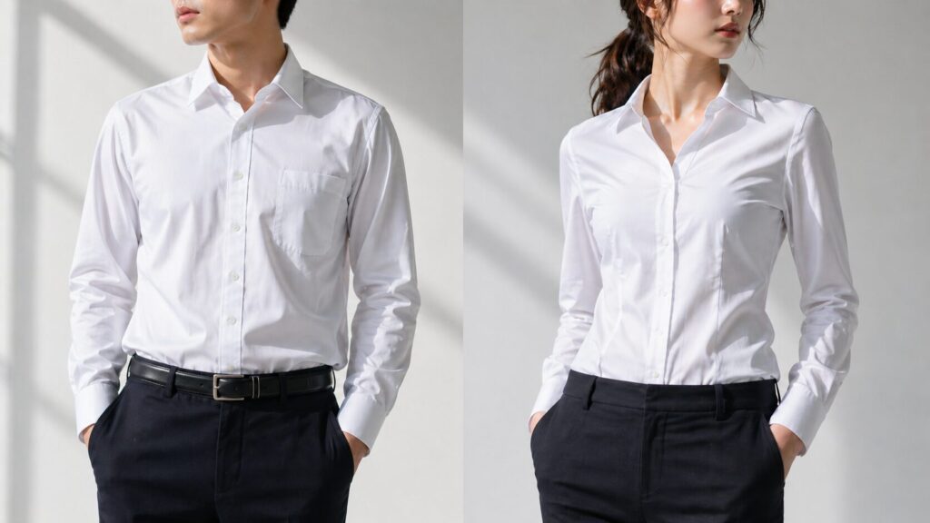 白いワイシャツを着た男女モデルがボタン位置の違いを示す比較イメージ
