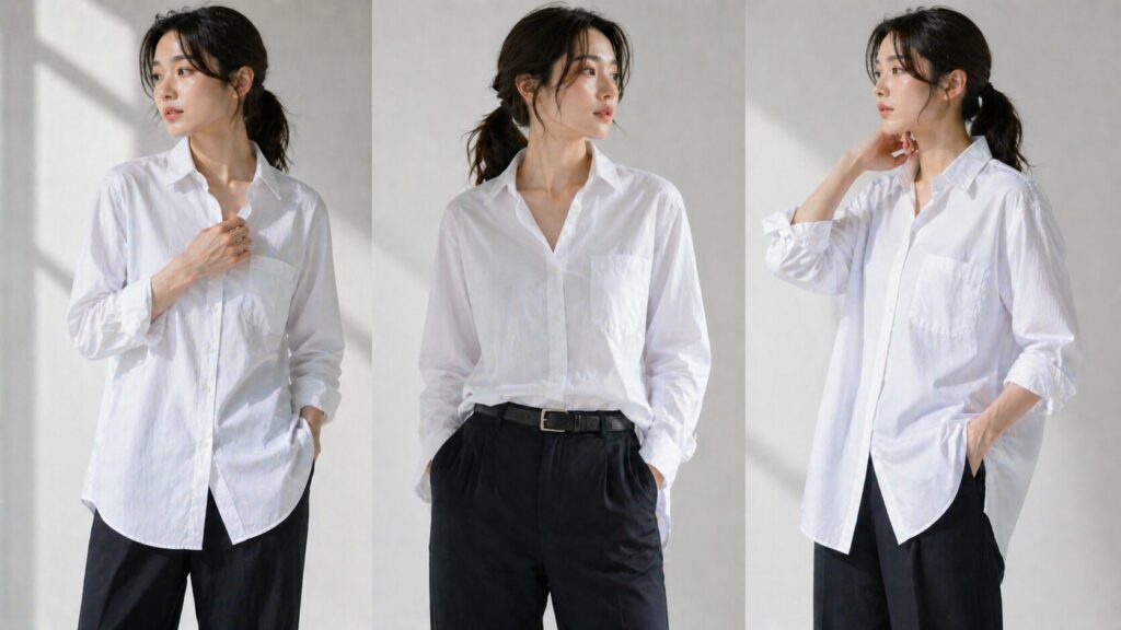 オーバーサイズの白いメンズシャツを女性が着こなすイメージ