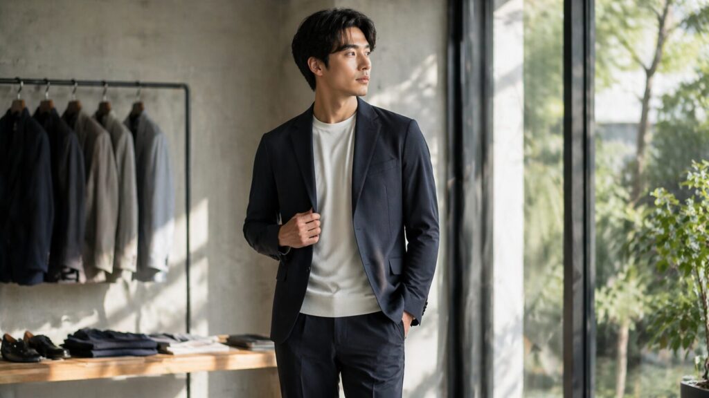 ネイビーのセットアップを着た男性モデルが自然光の店内で立つ様子