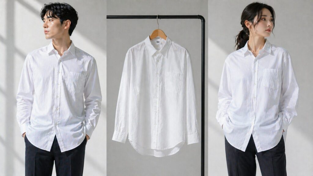 男女モデルとハンガーに掛かった白いユニセックスシャツのイメージ